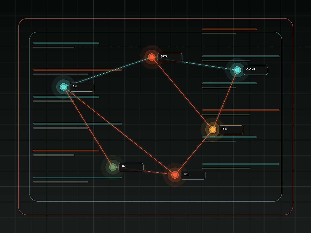 Systems topology map with API, data, operations, and ETL nodes connected